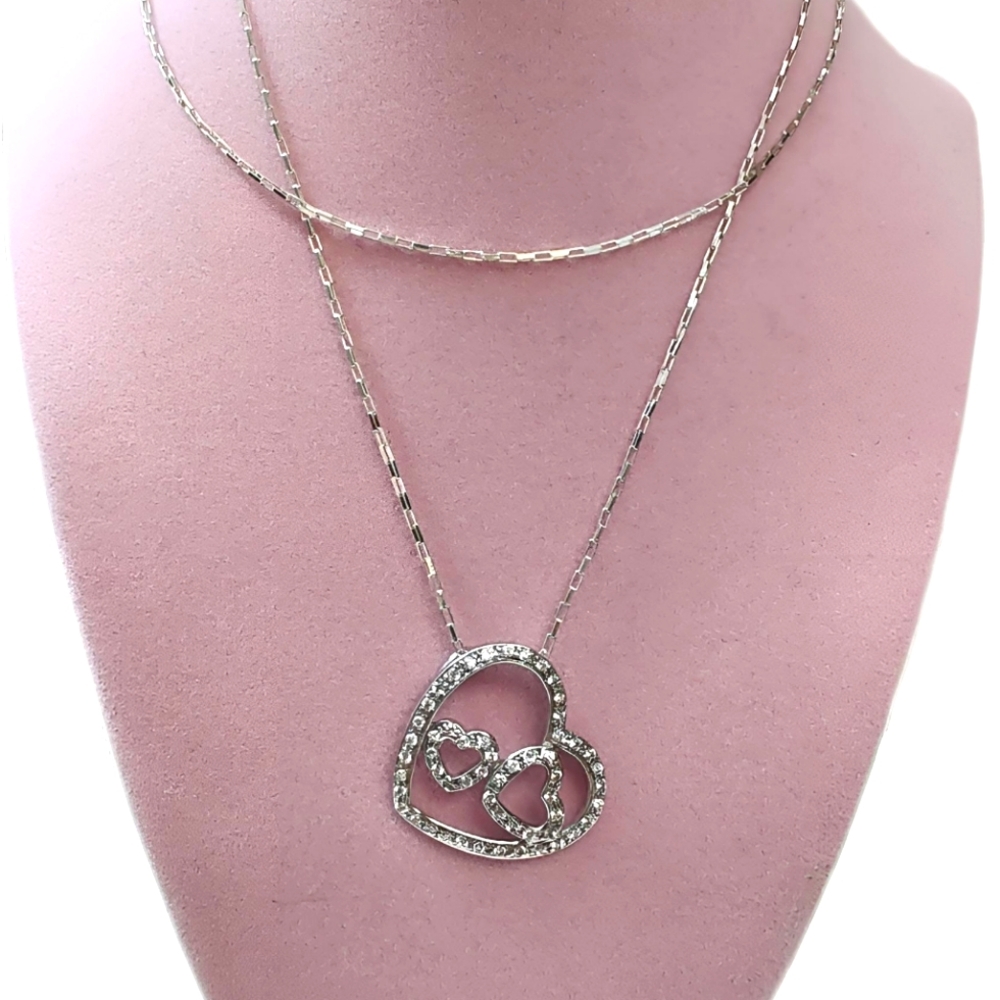 Vintage Sterling Silver Large Triple Heart Pave CZ Pendant with 30" Chain